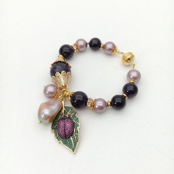 8" purple sea shell pearl keshi bracelet cz pave bee pendant beaded, strands, Black
8" purple sea shell pearl keshi bracelet cz pave bee pendant beaded, strands, Black