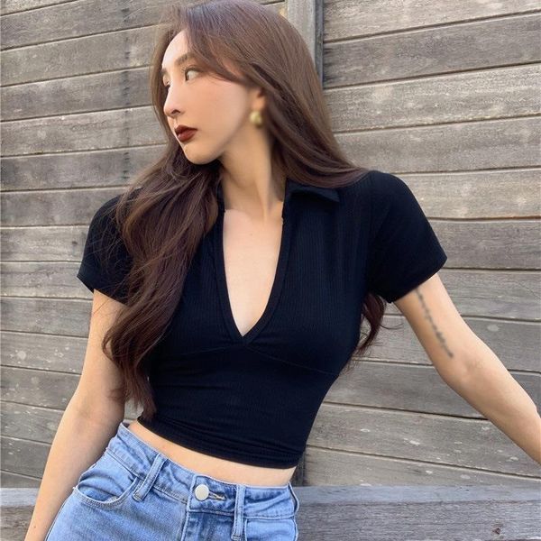 women's t-shirt solid color v neck slim exposed navel knitted short sleeve, White
women's t-shirt solid color v neck slim exposed navel knitted short sleeve, White
