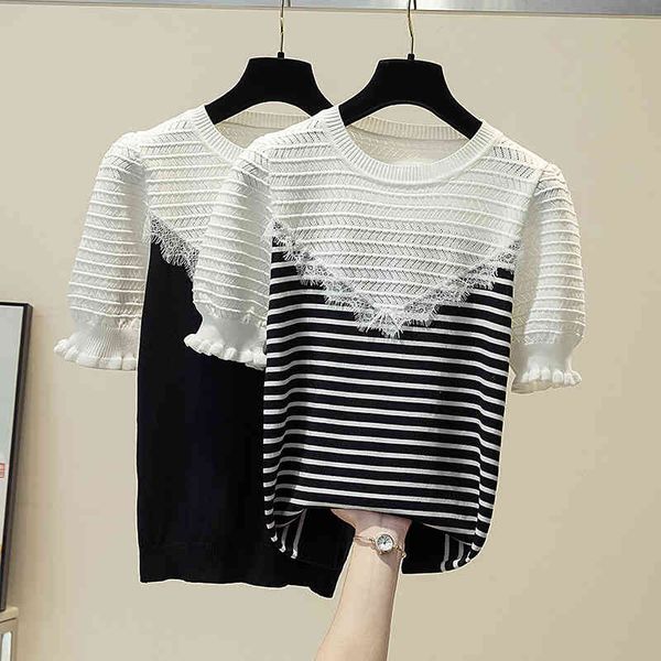 women's t-shirt lace patchwork knitted t shirt women hollow out clothes summer short sleeve striped female thin woman tshirt, White
women's t-shirt lace patchwork knitted t shirt women hollow out clothes summer short sleeve striped female thin woman tshirt, White