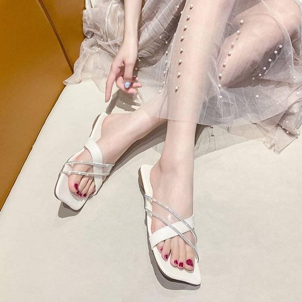 

slippers transparent female style 2022 korean summer fashion rhinestone bow outer wear one-word drag flat sandals, Black