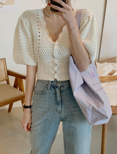 summer casual knitwear womens sweater puff sleeve hollow out crochet flower cardigan women elegant v neck slim knit crop, White;black