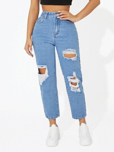 petite high waist ripped mom cropped jeans z6mo#, Blue