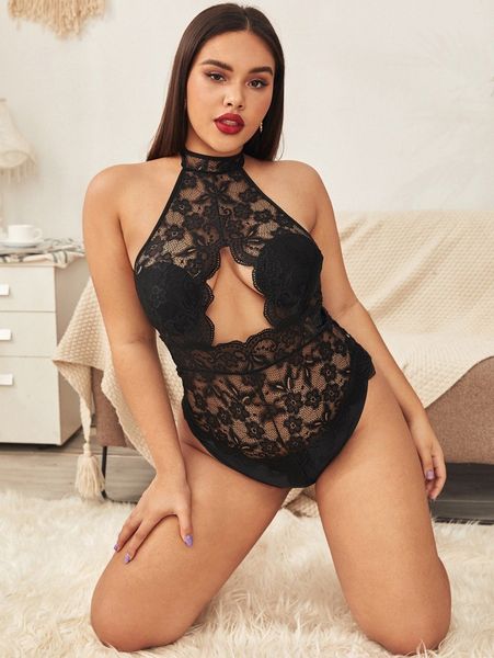 plus floral lace cut-out front teddy bodysuit f3fl#, Black;white