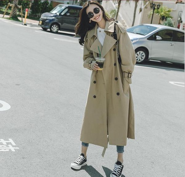 women's trench coats 2021 autumn ladies loose long knee oversize large coat middle waist tie slim windbreaker, Tan;black
women's trench coats 2021 autumn ladies loose long knee oversize large coat middle waist tie slim windbreaker, Tan;black