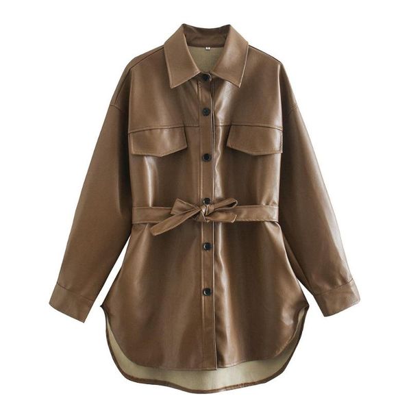 women's jackets 2021 autumn spring pu leather coats women fashion pockets elegant tie belt waist female clothing, Black;brown
women's jackets 2021 autumn spring pu leather coats women fashion pockets elegant tie belt waist female clothing, Black;brown