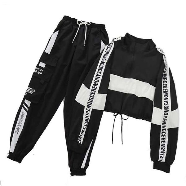 autumn hip solid hop women pant casual sports two piece black cargo letter printed cool, Black;white