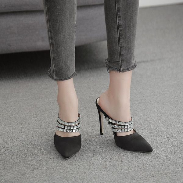 dress shoes women heels temperament satin rhinestone pointed party high heel sandals, Black
dress shoes women heels temperament satin rhinestone pointed party high heel sandals, Black