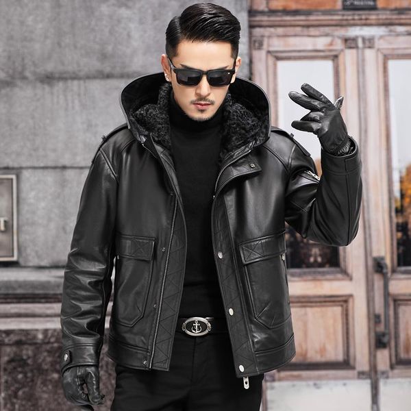 men's leather & faux 2021 winter warm thick genuine cowhide jacket men business cusual hooded real wool male coats jaqueta masculina gx, Black
men's leather & faux 2021 winter warm thick genuine cowhide jacket men business cusual hooded real wool male coats jaqueta masculina gx, Black