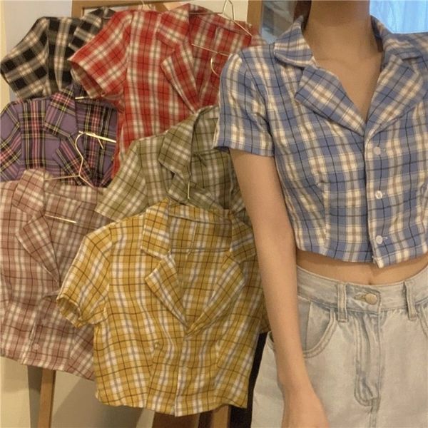 2020 summer korean blouse women vintage crop shirt streetwear plaid ladies elegant button up shirt crop shirts x0521, White
2020 summer korean blouse women vintage crop shirt streetwear plaid ladies elegant button up shirt crop shirts x0521, White