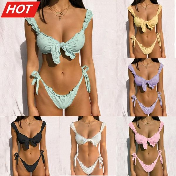 women bikini sets solid color ruffled swimwear bathing suits 2 piece split push up bandage beachwear mujer thong biquini women's, White;black
women bikini sets solid color ruffled swimwear bathing suits 2 piece split push up bandage beachwear mujer thong biquini women's, White;black