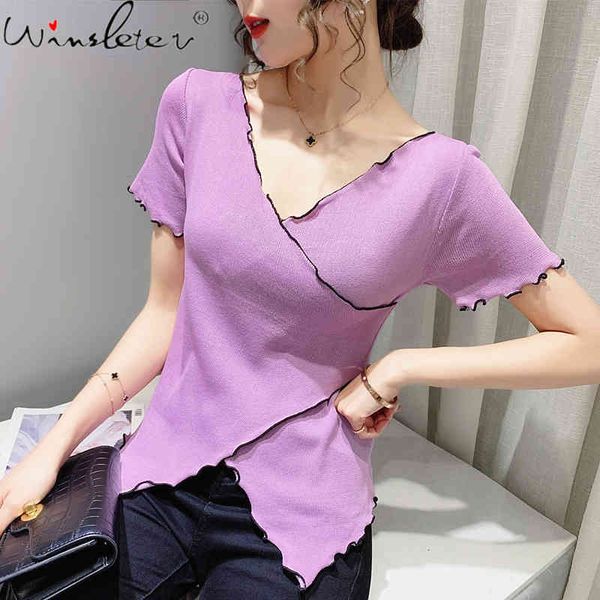 women's t-shirt summer korean clothes knit fashion cross v-neck ruffles irregularity women short sleeve tees 2021 t13406, White
women's t-shirt summer korean clothes knit fashion cross v-neck ruffles irregularity women short sleeve tees 2021 t13406, White