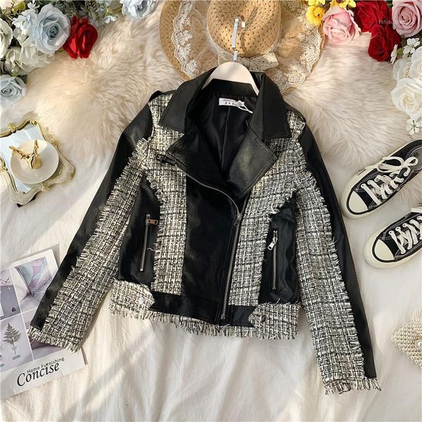 women's jackets 2021 winter retro temperament leather stitching weaving tweed handsome short suit jacket female, Black;brown
women's jackets 2021 winter retro temperament leather stitching weaving tweed handsome short suit jacket female, Black;brown