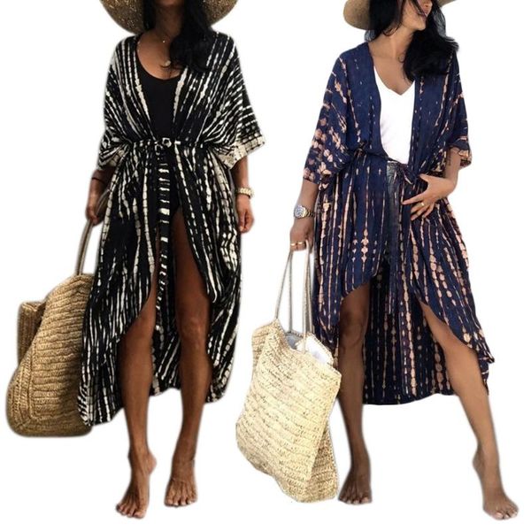 women summer swimsuit bikini cover up 3/4 sleeves tie-dye striped printed open front kimono cardigan belted waist maxi long g99d women', White;black
women summer swimsuit bikini cover up 3/4 sleeves tie-dye striped printed open front kimono cardigan belted waist maxi long g99d women', White;black