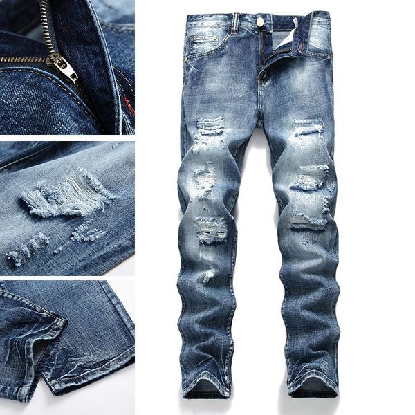 men's jeans spring and summer europe the united states high street fashion brand retro old personality knee hole self-cultivation, Blue
men's jeans spring and summer europe the united states high street fashion brand retro old personality knee hole self-cultivation, Blue