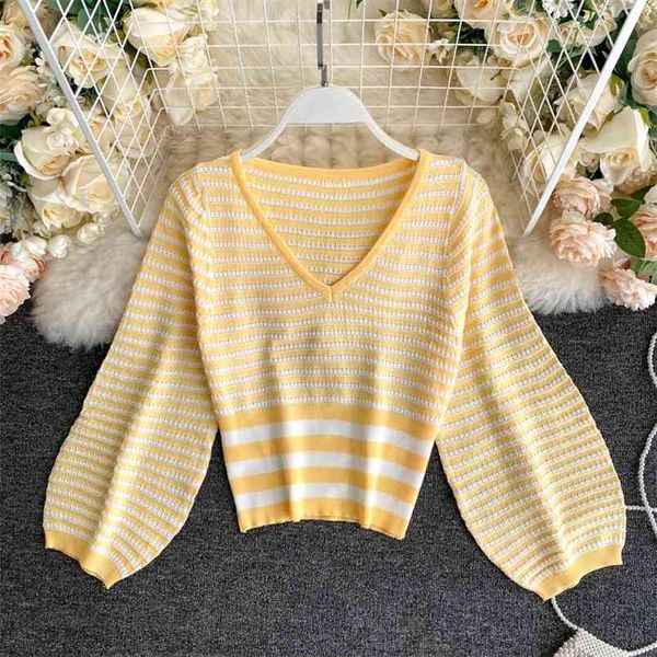 spring autumn women's knitwear korean striped color-blocking waist short lantern sleeve female gx123 210507, White;black
spring autumn women's knitwear korean striped color-blocking waist short lantern sleeve female gx123 210507, White;black