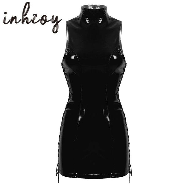 black patent leather dress party rave clubwear women sleeveless side tie-up stand collar wet look bodycon mini vestidos casual dresses, Black;gray
black patent leather dress party rave clubwear women sleeveless side tie-up stand collar wet look bodycon mini vestidos casual dresses, Black;gray