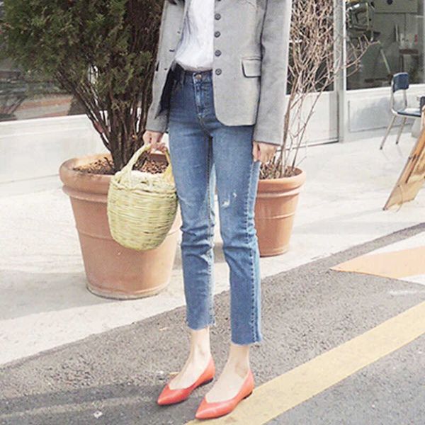 short light color straight barreled flannel jeans chic korean high waist stretch show thin split pants, Blue
short light color straight barreled flannel jeans chic korean high waist stretch show thin split pants, Blue