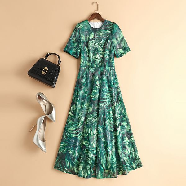 capris green 2021 spring summer style women o-neck tropical leaves print short sleeve mid-calf large swing, Black;gray