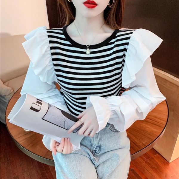 women's sweaters knitted long sleeve stripes pull femme o neck sweater women colorblock korean fashion outwear, White;black
women's sweaters knitted long sleeve stripes pull femme o neck sweater women colorblock korean fashion outwear, White;black