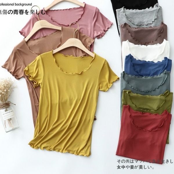 high stretch rib cotton casual slim basic short sleeve women t shirt seamless ruffle t- under plus size 210603, White 
high stretch rib cotton casual slim basic short sleeve women t shirt seamless ruffle t- under plus size 210603, White