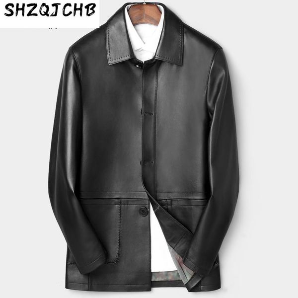 men's leather & faux shzq 2021 coat sheepskin lapel middle-aged jacket, Black