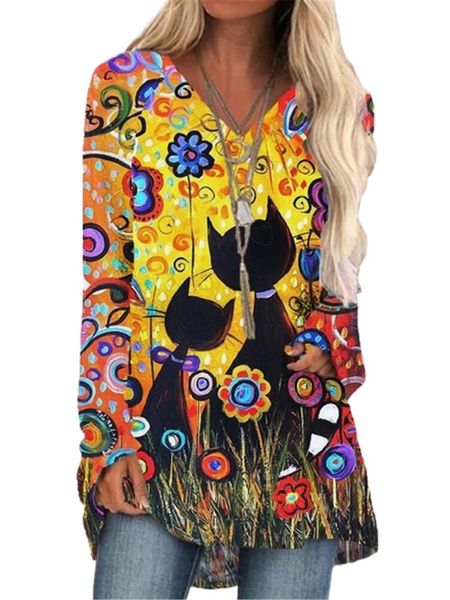 women's t-shirt fashion colorful flower cat print women casual v-neck long sleeve tshirt loose plus size ladies street yellow tees, White
women's t-shirt fashion colorful flower cat print women casual v-neck long sleeve tshirt loose plus size ladies street yellow tees, White
