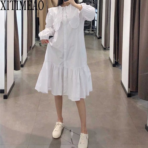 za women sweet fashion ruffled white dress vintage lapel collar puff sleeve femal solid color skirte dresses chic xitimeao 210602, Black;gray
za women sweet fashion ruffled white dress vintage lapel collar puff sleeve femal solid color skirte dresses chic xitimeao 210602, Black;gray