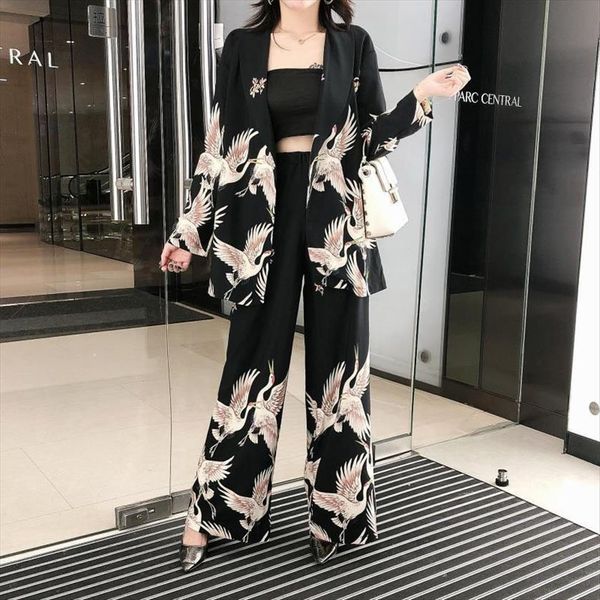 autumn vintage clothing set womens pants printed blazer wide leg retro bird outfit suits, White
autumn vintage clothing set womens pants printed blazer wide leg retro bird outfit suits, White