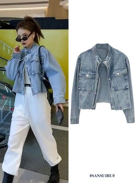 retro short denim jacket women stand collar pocket single-breasted blue washed motorcycle jean jackets 2021 spring women's, Black;brown
retro short denim jacket women stand collar pocket single-breasted blue washed motorcycle jean jackets 2021 spring women's, Black;brown