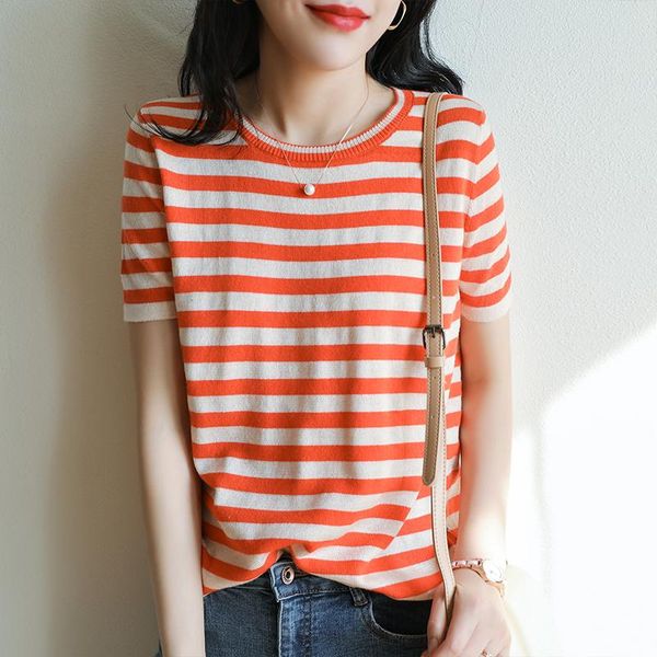 round neck short-sleeved women' 2021 summer 100%cotton t-shirt knitted striped wild loose half-sleeved thin bottoming shirt women', White
round neck short-sleeved women' 2021 summer 100%cotton t-shirt knitted striped wild loose half-sleeved thin bottoming shirt women', White