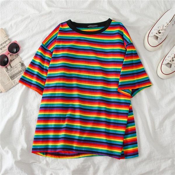 women's t-shirt summer korean casual short sleeve clothes rainbow stripe ins loose harajuku fashion female drop, White
women's t-shirt summer korean casual short sleeve clothes rainbow stripe ins loose harajuku fashion female drop, White