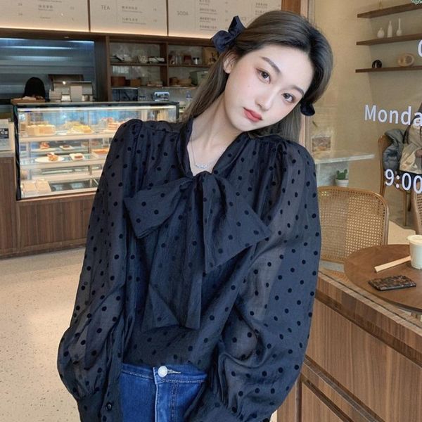 women's blouses & shirts korean office lady bow lace-up elegant blouse perspective mesh puff long sleeve loose retro polka dot print sw, White
women's blouses & shirts korean office lady bow lace-up elegant blouse perspective mesh puff long sleeve loose retro polka dot print sw, White