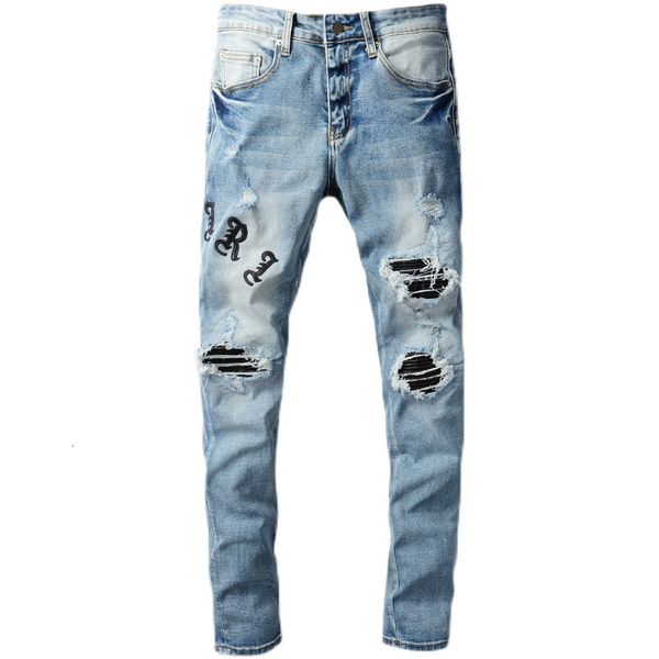 fashion jeans high street brand washed light color patched leather ripped men's male trendy stretch slim pants 679, Blue
fashion jeans high street brand washed light color patched leather ripped men's male trendy stretch slim pants 679, Blue