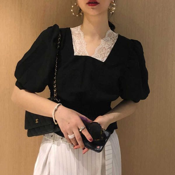 summer retro slim lace square neck puff short sleeve pleated blouse women short blusas mujer patchwork black fashion thin 210610, White
summer retro slim lace square neck puff short sleeve pleated blouse women short blusas mujer patchwork black fashion thin 210610, White