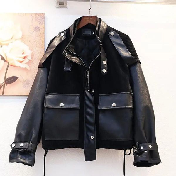 women's leather & faux herstory corduroy stitching pu jacket autumn winter trend korean style thicken short motorcycle, Black
women's leather & faux herstory corduroy stitching pu jacket autumn winter trend korean style thicken short motorcycle, Black