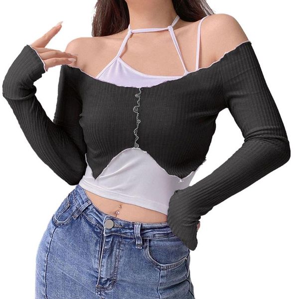 women's t-shirt autumn and winter two piece suit with simple fashionable ear edge navel exposed long sleeve harajuku slim, White
women's t-shirt autumn and winter two piece suit with simple fashionable ear edge navel exposed long sleeve harajuku slim, White