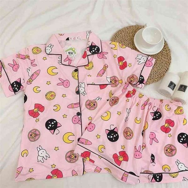 sailor moon kawaii pajamas for women cotton turn-down collar pyjamas short sleeves suit sleepwear female summer cartoon homewear 210325, Black;red 
sailor moon kawaii pajamas for women cotton turn-down collar pyjamas short sleeves suit sleepwear female summer cartoon homewear 210325, Black;red