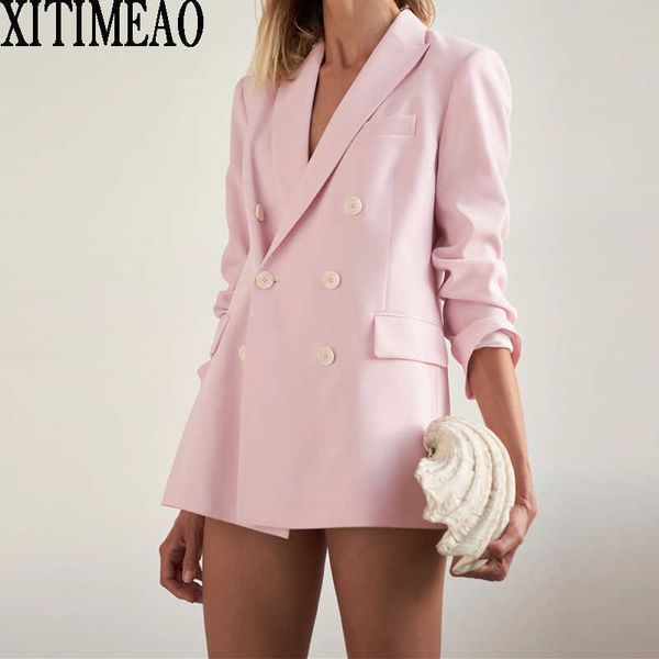 za women fashion with double-breasted blazers coat vintage long sleeve back vents female outerwear chic 210602, White;black
za women fashion with double-breasted blazers coat vintage long sleeve back vents female outerwear chic 210602, White;black