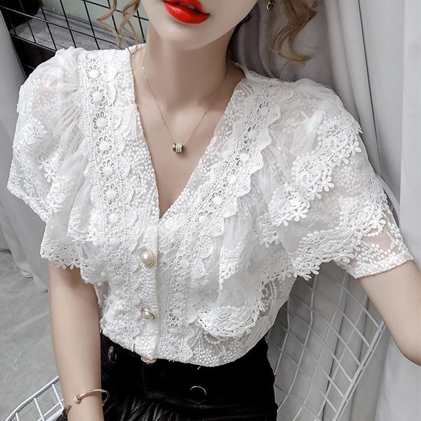 women's blouses & shirts blouse summer 2021 v-neck hollow lace stitching casual vintage thin flower button women shirt female 688b, White
women's blouses & shirts blouse summer 2021 v-neck hollow lace stitching casual vintage thin flower button women shirt female 688b, White