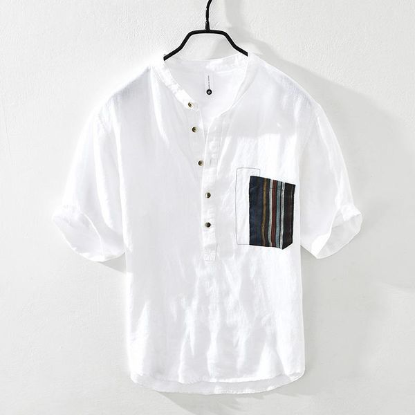 men's casual shirts m2372 patchwork linen shirt for men summer thin vintage japan style pocket simple stand collar short sleeve blouse, White;black
men's casual shirts m2372 patchwork linen shirt for men summer thin vintage japan style pocket simple stand collar short sleeve blouse, White;black
