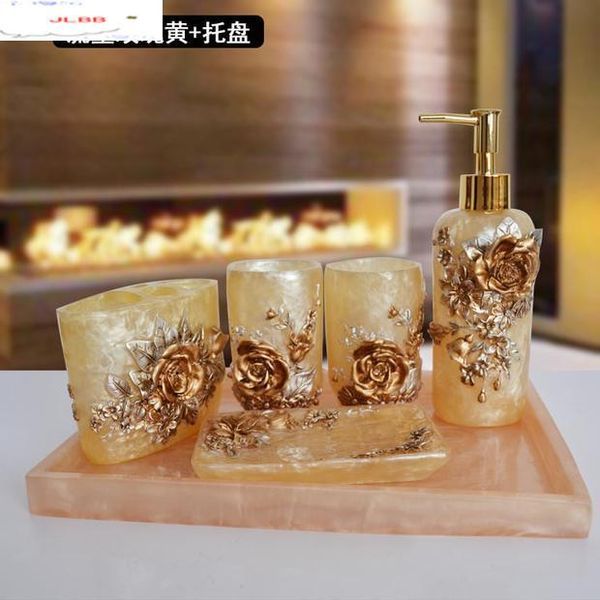 yellow rose five-piece wash set resin mouthwash cup lotion bottle bathroom supplies with tray european style toothbrush holder bath accessor
yellow rose five-piece wash set resin mouthwash cup lotion bottle bathroom supplies with tray european style toothbrush holder bath accessor