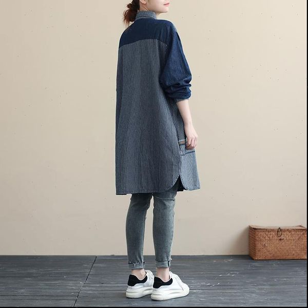 spring autumn arts style turn womens blouses down collar long denim coat stripe patchwork embroidery loose blouse femme m524, White
spring autumn arts style turn womens blouses down collar long denim coat stripe patchwork embroidery loose blouse femme m524, White
