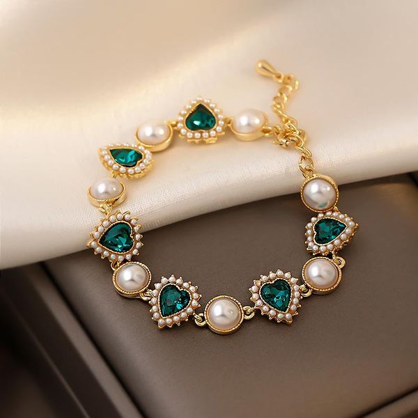 link, chain vintage classic green crystal heart shaped pearl bracelet for woman exquisite temperament lucky fashion hand jewelry, Black
link, chain vintage classic green crystal heart shaped pearl bracelet for woman exquisite temperament lucky fashion hand jewelry, Black