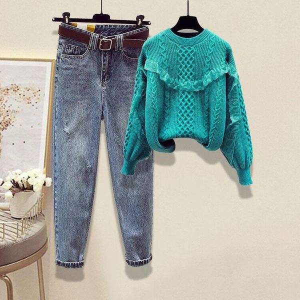 women's two piece pants korean chic women autumn winter casual loose long sleeve sweater and denim set female jeans trousers suits q690, White
women's two piece pants korean chic women autumn winter casual loose long sleeve sweater and denim set female jeans trousers suits q690, White