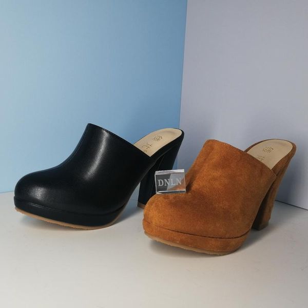 sandals round toe women slip on chunky high heels lady 4.5#26/10d50, Black