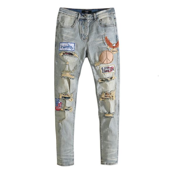 2021 am yellow mud dirty high street embroidery badge big holes destroy denim pants men's slim fit, Blue
2021 am yellow mud dirty high street embroidery badge big holes destroy denim pants men's slim fit, Blue