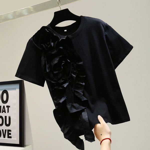women's t-shirt three-dimensional flower female 2021 summer japanese loose black tee fashion personality stitching women, White
women's t-shirt three-dimensional flower female 2021 summer japanese loose black tee fashion personality stitching women, White