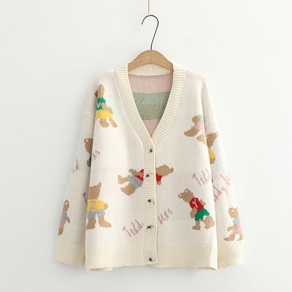 women's knits & tees autumn winter cartoon bear printed v-neck cardigan women clothing single breasted outside female sweater mori girl, White
women's knits & tees autumn winter cartoon bear printed v-neck cardigan women clothing single breasted outside female sweater mori girl, White