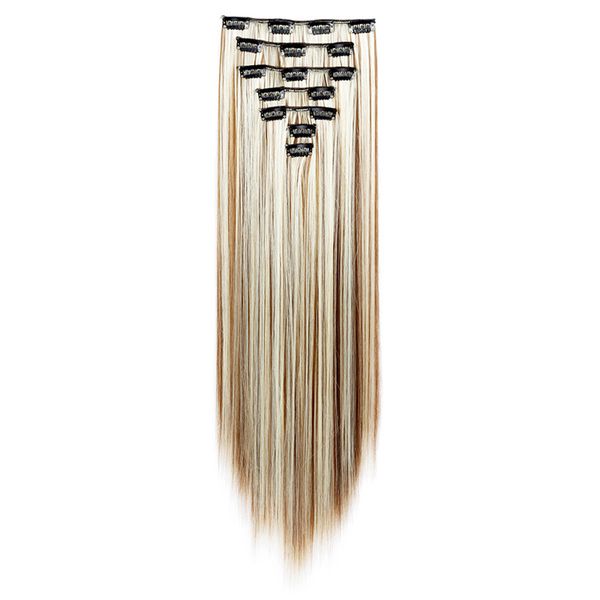 

highlight color synthetic clip on hair extensions high temperature fiber straight hairpieces 7pcs/set 130g 16clips for women, Black;brown