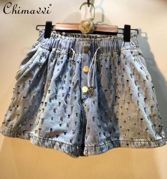 women's shorts 2021 summer diamond beaded elastic high waist loose women slimming wide-leg light blue denim, White;black
women's shorts 2021 summer diamond beaded elastic high waist loose women slimming wide-leg light blue denim, White;black
